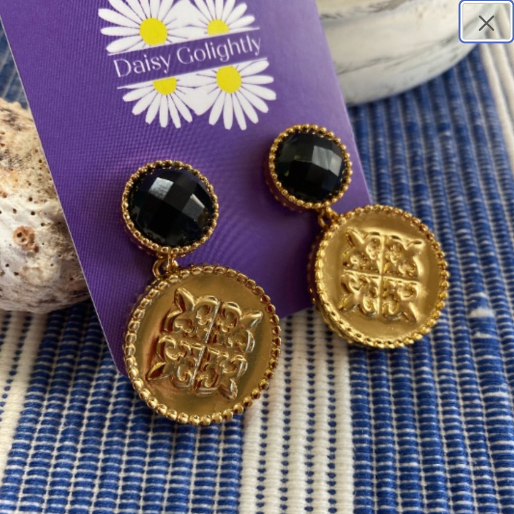 JOLENE Fleur De Lis Gold Coin Onyx Earrings